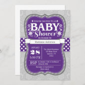 パープルグレーフローラフラワーベビーシャワー招待状 招待状 (正面/裏面)