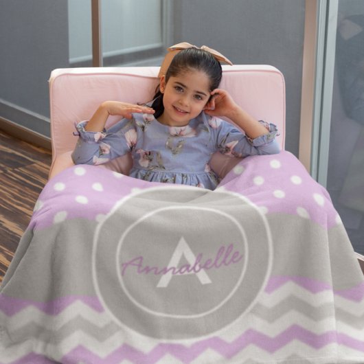 パープルグレー水玉模様シェブロン フリースブランケット