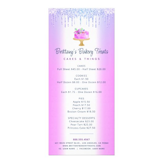 パープルケーキベーカリーグリッタードリップスパティリシェフメニュー ラックカード (正面)