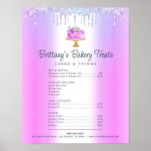 パープルケーキベーカリーグリッタードリップメニュー価格表 ポスター (正面)