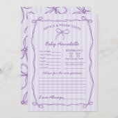 パープルコケットボウのベビーシャワーカードのアドバイス 招待状 (正面/裏面)