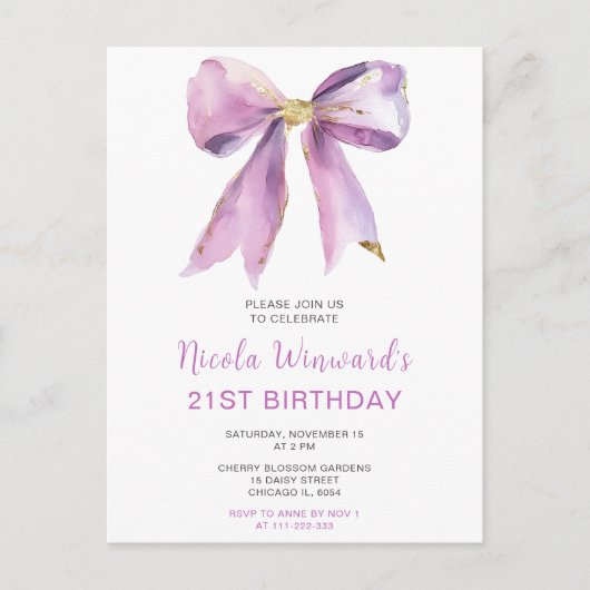 パープルコケットボウバースデーパーティー ポストカード (正面)