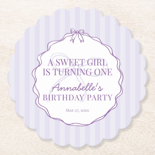 パープルコケットボウパステルラベンダーバースデーパーティー ペーパーコースター (正面)