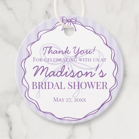 パープルコケットボウパステルラベンダーブライダルシャワー フェイバータグ (正面)