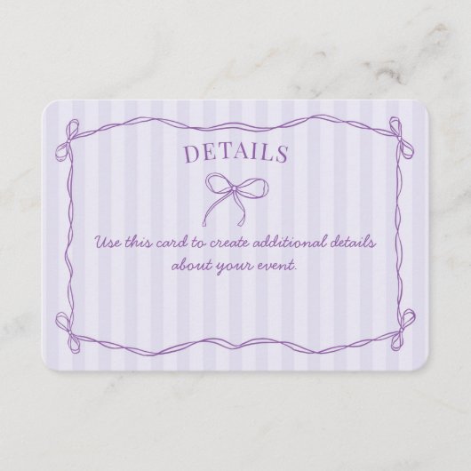 パープルコケットボウパステル詳細招待状インサート エンクロージャーカード (正面)