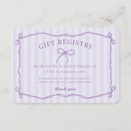 パープルコケットボウ ラベンダー ベビーシャワー レジストリー エンクロージャーカード (正面)