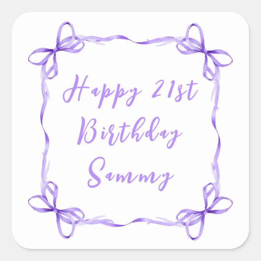 パープルコケットリボンハッピーバースデー スクエアシール (正面)