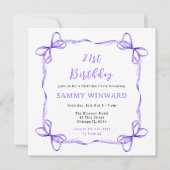 パープルコケットリボン誕生日パーティー 招待状 (正面)