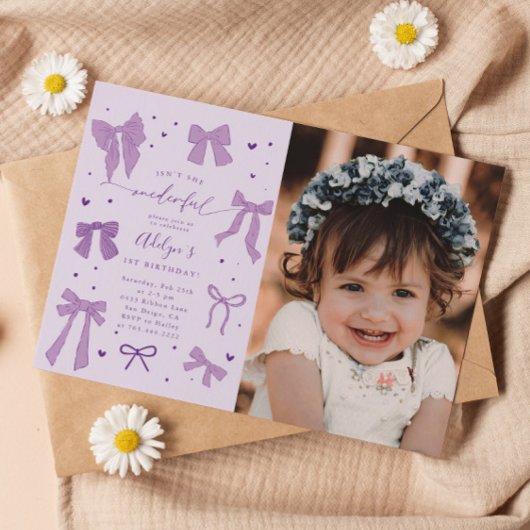 パープルコケット弓ワンダーフル誕生日写真 招待状