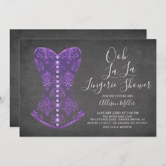 パープルコルセットランジェリーブライダルシャワー招待状 招待状 (正面/裏面)