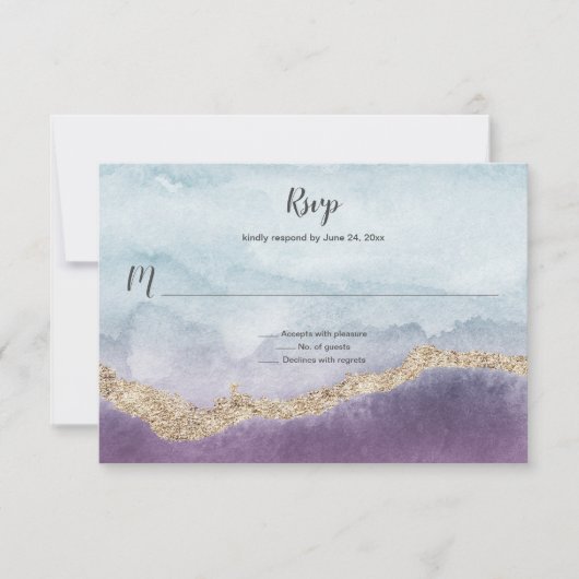パープルコンテンポラリーターコイズと金ゴールド大理石 | 出欠カード (正面)