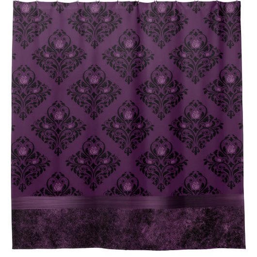 パープルゴシックシック |ナスとブラックダマスク シャワーカーテン (正面)