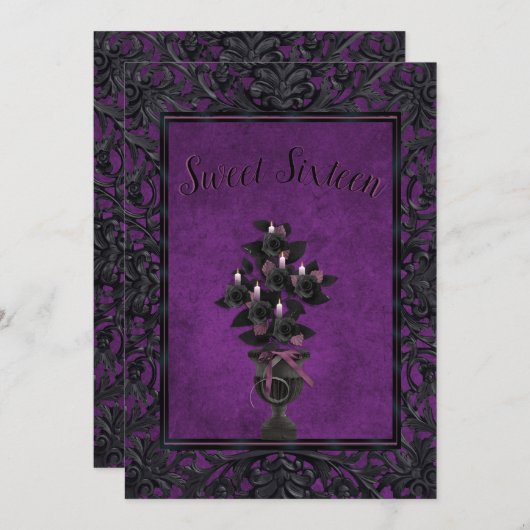 パープルゴシックフレームブラックバラ&キャンドル甘い16 招待状 (正面/裏面)