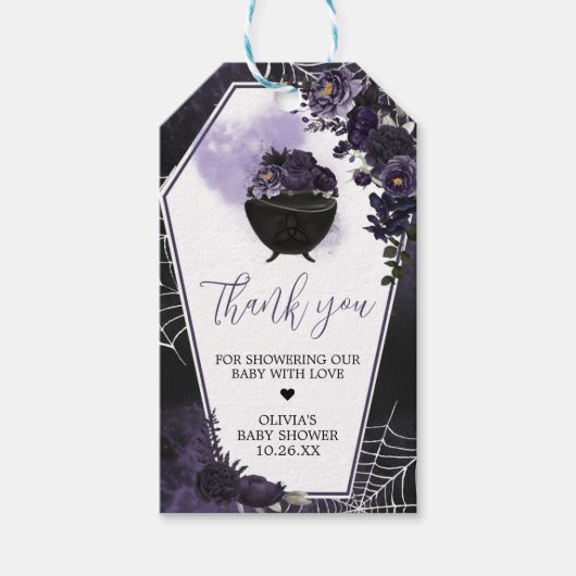パープルゴシックフローラベビーシャワーメッセージカード ギフトタグ (正面)
