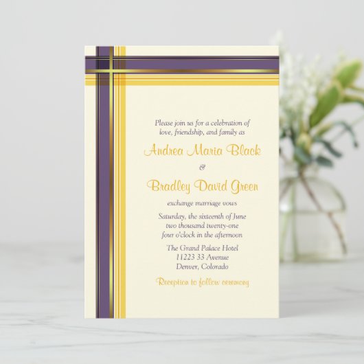 パープルゴールデンイエロープレイド結婚式招待状 招待状 (スタンド正面)