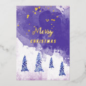 パープルゴールデンクリスマスツリー水の色アートフォイルH 箔シーズンカード (正面)