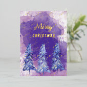 パープルゴールデンクリスマスツリー水彩画 箔シーズンカード (立ち正面)
