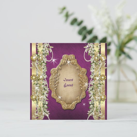 パープルゴールドのウェディングバースデーエンゲージメント 招待状 (スタンド正面)