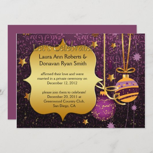 パープルゴールドのクリスマス ポスト結婚式招待状 招待状 (正面/裏面)