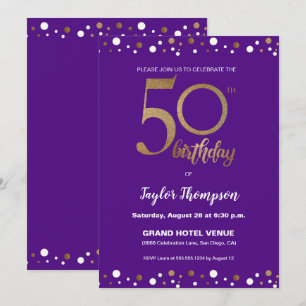 パープルゴールドのコンフェッティ 50歳の誕生日パーティー オーダーメイド 招待状