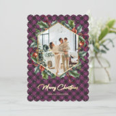 パープルゴールドのチェック柄のホリーの写真のクリスマスカード　メリークリスマス シーズンカード (スタンド正面)