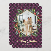 パープルゴールドのチェック柄のホリーの写真のクリスマスカード　メリークリスマス シーズンカード (正面/裏面)