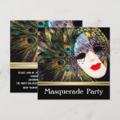 パープルゴールドの孔雀の羽のマスク仮面舞踏会パーティー 招待状 (正面/裏面)