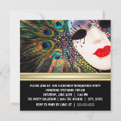 パープルゴールドの孔雀の羽のマスク仮面舞踏会パーティー 招待状 (裏面)