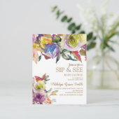 パープルゴールドの水彩フラワー「Sip See ベビーシャワー」 招待状 (スタンド正面)