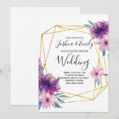 パープルゴールドの結婚式招待状 花の招待状 招待状 (正面/裏面)