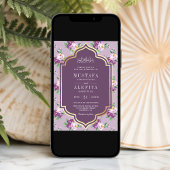 パープルゴールドの花柄ムスリムウェディング 招待状