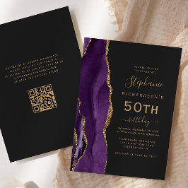 パープルゴールドアゲートQRコード50歳の誕生日 招待状