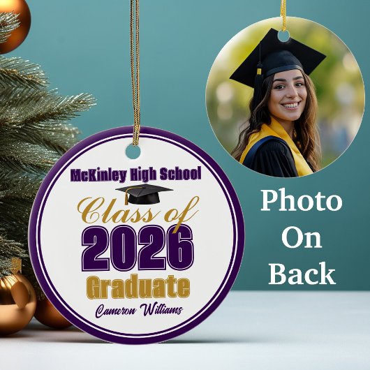 パープルゴールドクラスオブ2026卒業写真 セラミックオーナメント