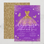 パープルゴールドグリッター蝶ドレスのキンセアニエラ 招待状 (正面/裏面)