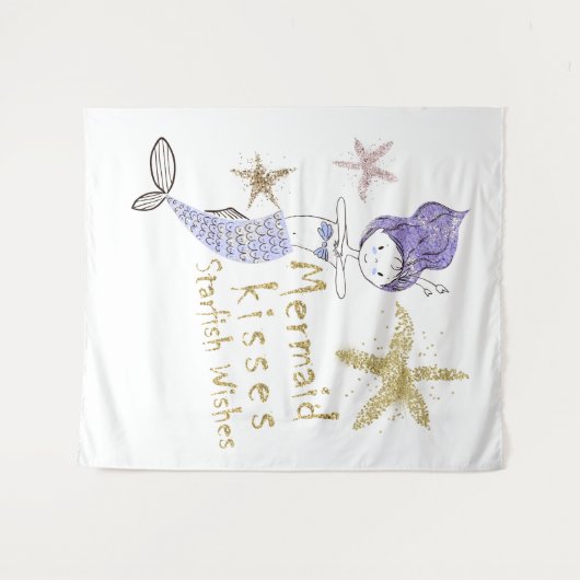 パープルゴールドグリッター マーメイドウィッシュ スターフィッシュキス タペストリー (正面(横))