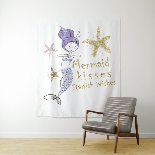 パープルゴールドグリッター マーメイドウィッシュ スターフィッシュキス タペストリー (インサイチュ)