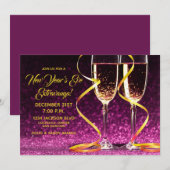 パープルゴールドシャンパングラス 新年のパーティー 招待状 (正面/裏面)
