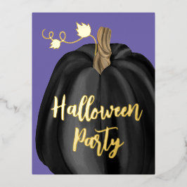 パープルゴールドスクリプとカボチャのハロウィンパーティー 箔招待状ポストカード