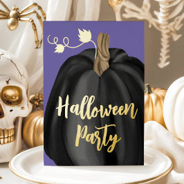 パープルゴールドスクリプトパンプキンハロウィンパーティー 箔招待状