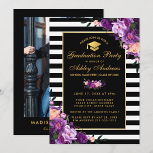 パープルゴールドストライプ卒業式招待状 - 背面写真 招待状