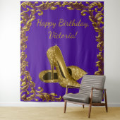 パープルゴールドハイヒール誕生日パーティーXL背景 タペストリー (インサイチュ)
