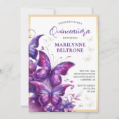 パープルゴールドバタフライQuinceañera 招待状 (正面)