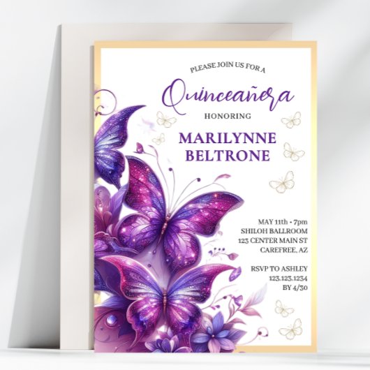 パープルゴールドバタフライQuinceañera 招待状