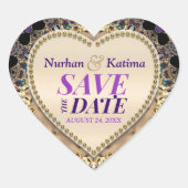 パープルゴールドブロケード・セーブ・ザ・デート・ステッカー ハートシール (正面)