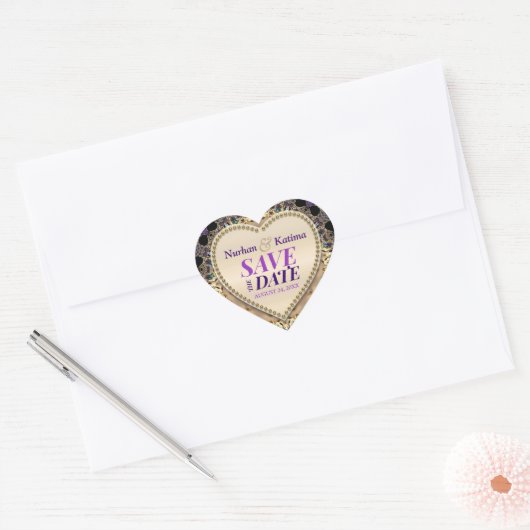 パープルゴールドブロケード・セーブ・ザ・デート・ステッカー ハートシール (封筒)