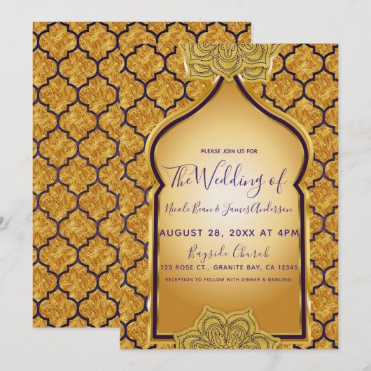 パープルゴールドロイヤルインディアアラビアンテーマウェディング 招待状 (正面/裏面)