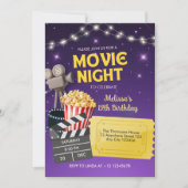 パープルゴールド子供の裏庭映画の夜の誕生日 招待状 (正面)