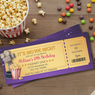パープルゴールド映画の夜のチケット 誕生日パーティー 招待状