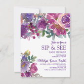 パープルゴールド水彩花柄 シップアンドシー ベビーシャワー 招待状 (正面)
