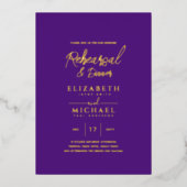 パープルゴールド結婚フォイルのリハーサルとディナー 箔招待状 (正面)